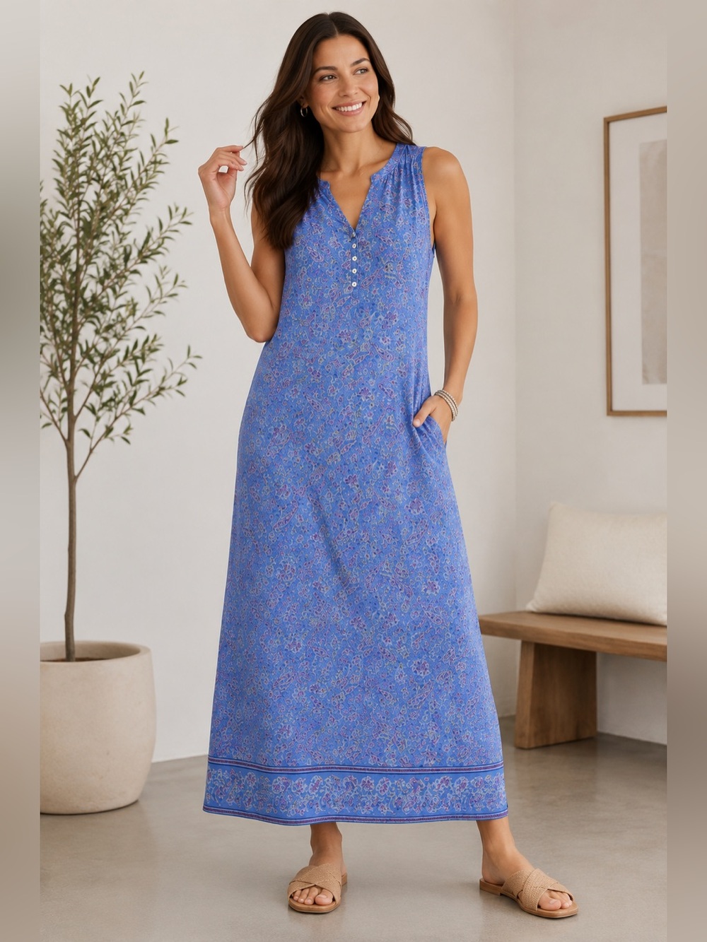 J.Jill Clear Blue Gentle Paisley Floral Viscose Boho Sleevelss Maxi Dress